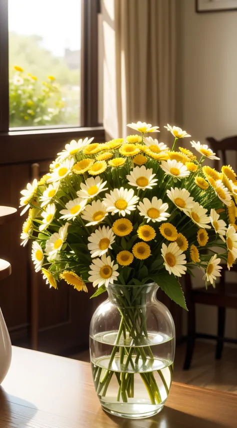 tableclothes view, boroque classical vase, in the morning, morning time, vase with flowers, chamomile, flowers background, cheer...