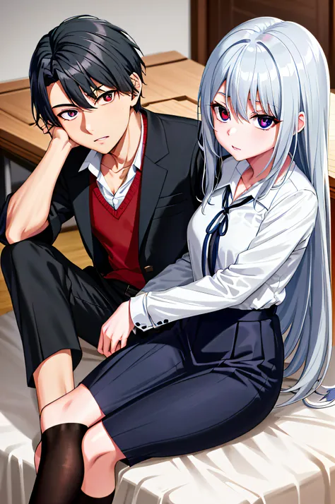 (masterpiece), (best quality), highres, ((((1girl she has gray hair with blue eyes and 1boy he has short black hair with red eyes who are classmates))))), ((((They have different hair colors and eyes do not confuse)))), (draws Kei and kiyotaka ayanokoji lo...