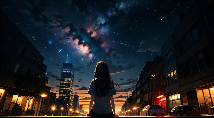 octans, sky, star (sky), scenery, starry sky, night, 1girl, night sky, solo, outdoors, signature, building, cloud, milky way, si...