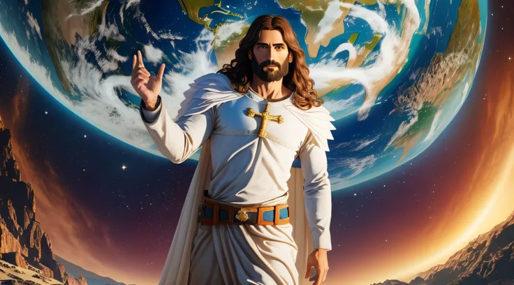 "realistic 8k masterpiece with perfect anatomy: jesus christ holding planet earth in one hand, with an undeformed face."