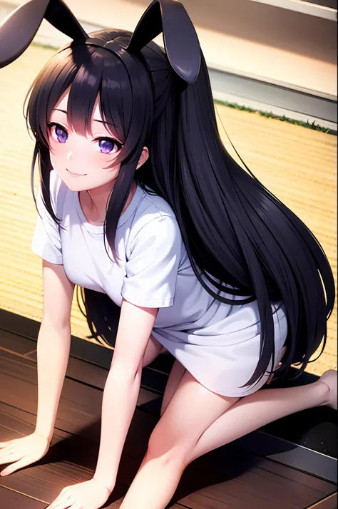 white shirt, rabbit ears, all fours,mayijiang,light smile,mid_breats,best quality