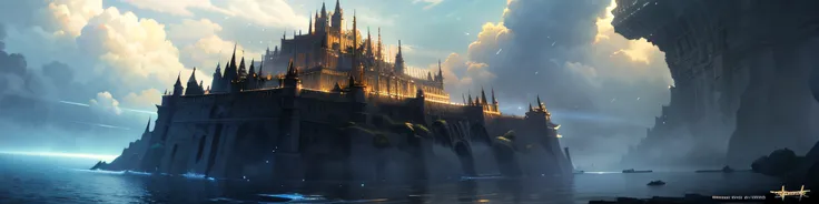 arafed castle on a wave in the ocean with a sky background, detailed digital concept art, andreas rocha style, silvain sarrailh,...