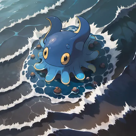 octopus, navy blue, friendly, with sky-blue stripes, swimming in the sea