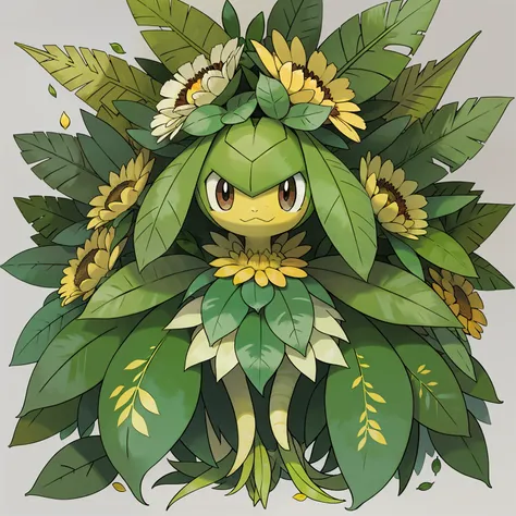 pokemon like plant, with leaves on the head and expression of bravo, petals flying everywhere