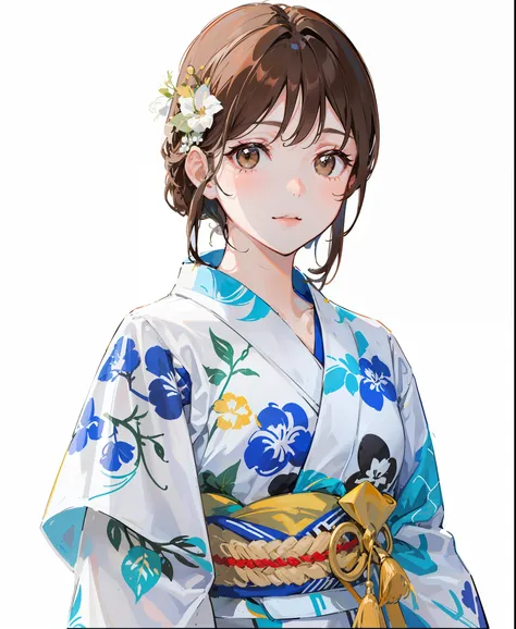 , 1 girl, , long hair, floral ornament, brown hair, swept bangs, brown eyes, full up, white yukata, floral pattern,