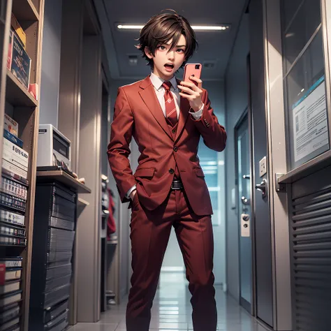 a closeup of a person, 1boy, solo, teen, scared, screaming, fear, in a red suit and tie, high school, holding a cell phone, cute anime pose, single character full body, official character art, single character full body character, full body character portr...