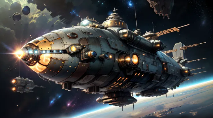 dieselpunkai spaceship in space, stars