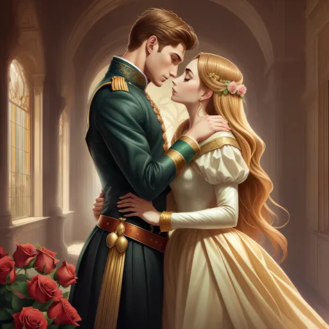 couple kisses a house and a woman with much affection, the man neels visser is a prince who has golden blonde hair, wears a medi...