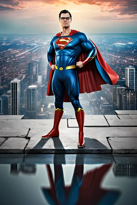 GuttonerdVision4, a 3-year-old boy wearing glasses, detailed skin, detailed face, pores, whole body in the scene, wearing Supermans uniform in the center of the image posing for the photographer. The outfit is detailed with its logo on its chest and red ca...