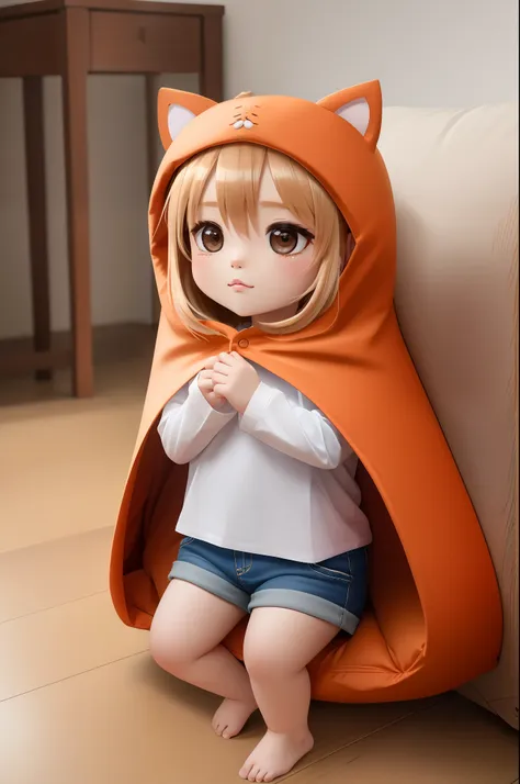 (8k, raw photo, best quality, masterpiece:1.2),  doma umaru, hood, white shirt, shorts, indoor, (((chibi))), 
 cat pillow