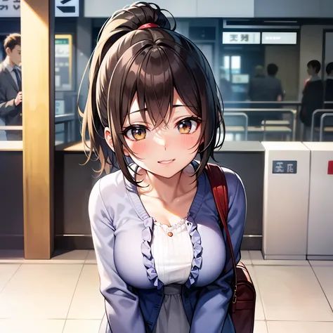 1girl, Modern Japan train station, in front of the station ticket gate, waiting,cute 20 year old short girl in the Japan, Big breasts, Baby face, Brown hair, Big ponytail, Light blue cardigan,open_clothes,Cute white dress with frills,Looking at camera, nat...