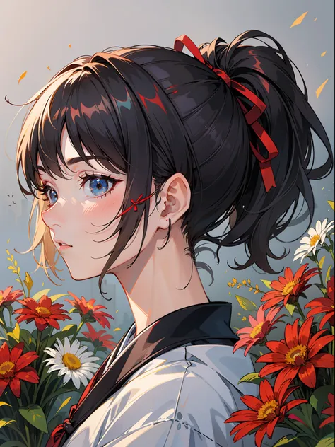 masterpiece, super high quality, super detail, perfect drawing, solo, beautiful girl, black ponytail, hair tied with a big red r...