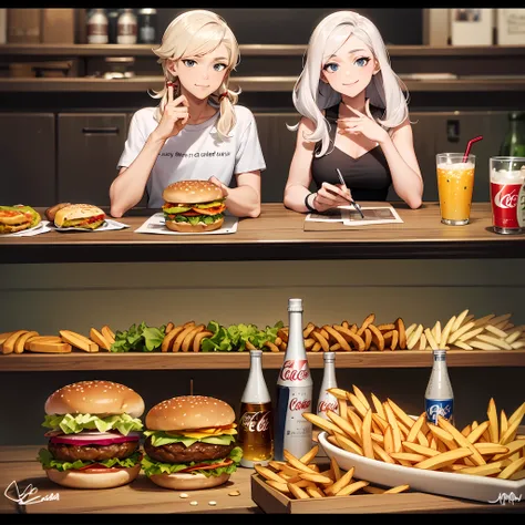 Hamburger, coke, fries,in the bottom corner of the screen authors signature written in Allura Script font,(Allura written signature Script font: Lucas M)