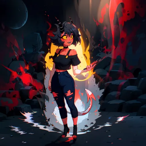 red skin, yellow sclera, black short hair, horns, black croptop, tail, elf ears, 1girl, millie, demon girl, black ripped jeans