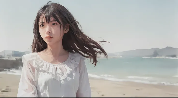 (Masterpiece, Real: 1.4), (Very Complex: 1.2), Portrait, (Upper Body: 1.2), (Front view: 1.3), Outfit is orthodox recruit suit, very long black hair tied at the back, chest, sky, looking at the viewer, Japan about 22 years old, head tilt, wind, clouds, out...