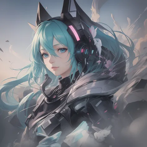 Hatsune Miku, riding a cyborg horse, ((hyper detail)) (real: 1.5), (raw photo: 1.4), (photorealistic: 1.3), (masterpiece), highest quality, highest quality, highly detailed CG Unity 8k wallpaper, detailed and complex, original, miracle witch, turbulent spa...