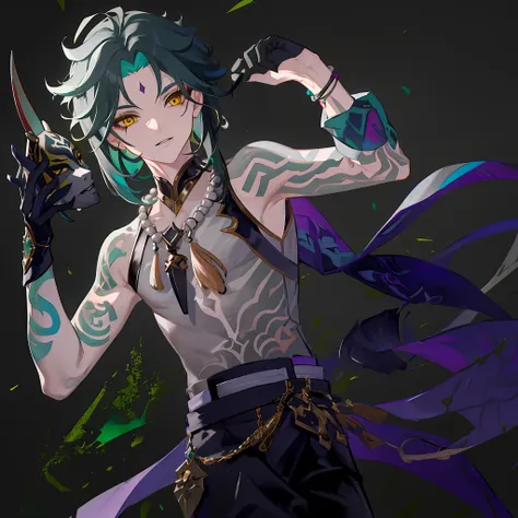 masterpiece, best quality,1boy, male focus, solo, xiao (genshin impact), gloves, tattoo, arm tattoo, necklace, cloud, jewelry, m...