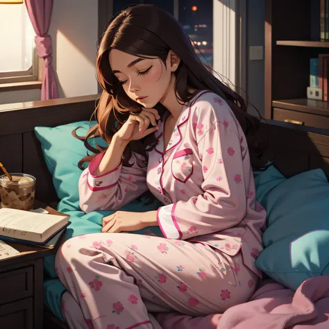 Sleeping girl, 22 years old, realistic, she is wearing long pants, she is wearing pink pajama, brown hair.