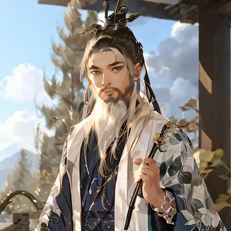 masterpiece,  best quality,   extremely detailed cg, zen atmosphere,  anime screencap, long beard, 1 boy,  daoist uniform,  long...