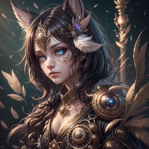 generate a celestial non-human animal in the style of steampunk and fantasy. the animal should be fluffy and have feathers and silk and satin. emphasize small details of fantasy and steampunk. camera: utilize interesting and dynamic composition. enhance vi...