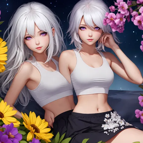 realistic, 1girl, white hair, purple eyes, glowing eyes, crop top, skirt, parted lips, blush, night, flowers, sun, sunlight, --auto