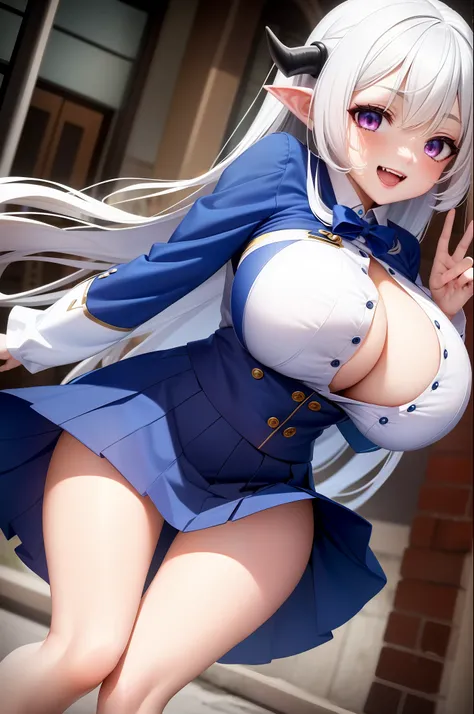 Masterpiece, 1 loli, solo,succubus, demon girl, (smile: 1.3), fangs, (blue skirt, white long sleeve, clothes written: 1.2), (open mouth: 1.2), street, city, (gigantic breasts: 1.2)