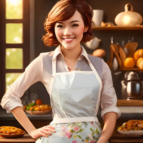 close-up portrait of a playful maid, cut short hair, nature, apron, amazing body, obvious feminine features, kitchen, [gray blon...