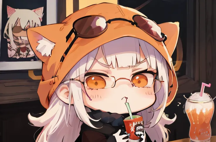 cartoon girl with sunglasses and drink in her hands, umaru-chan, shikamimi, cute anime face, kawaii anime manga style, nekomimi,...