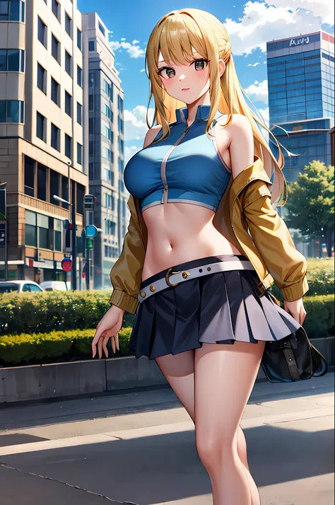 masterpiece, best quality, highres, lucy heartfilia, blonde hair, long hair, large breasts, jacket, crop top, bare shoulder, sho...