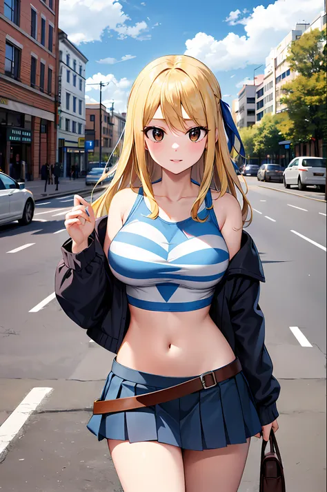 masterpiece, best quality, highres, lucy heartfilia, blonde hair, long hair, large breasts, jacket, crop top, bare shoulder, sho...