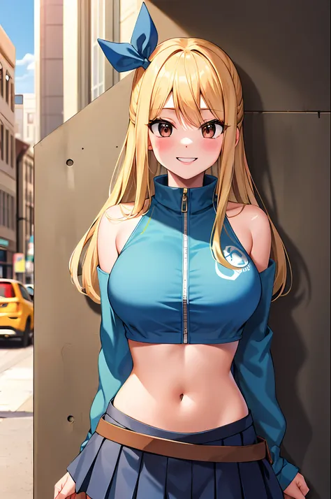 masterpiece, best quality, highres, lucy heartfilia, blonde hair, long hair, large breasts, jacket, crop top, bare shoulder, show stomach, belt, pleated skirt, cowboy shot, standing, looking at viewer, city road, outdoor, modern city road, blush, shy, smil...