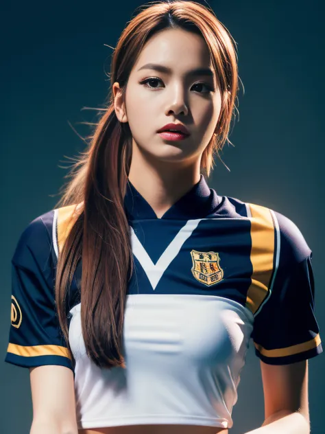 masterpiece, superlative, realistic, jennie wearing trendy football uniform, hd, photography and lighting, 16k