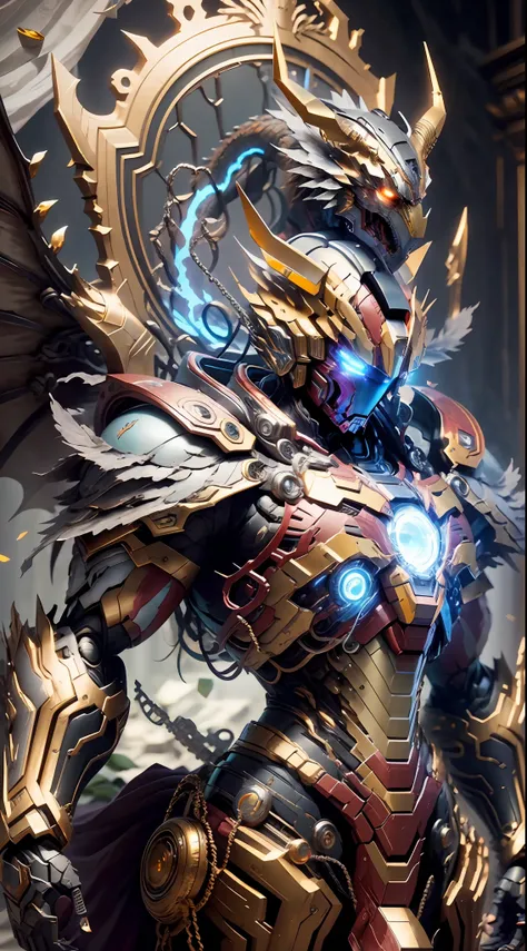 a dragon emperor on the throne, (throne), golden saint seiya limb armor, (dragon symbol: 1.5), marvel movie iron man breastplate...