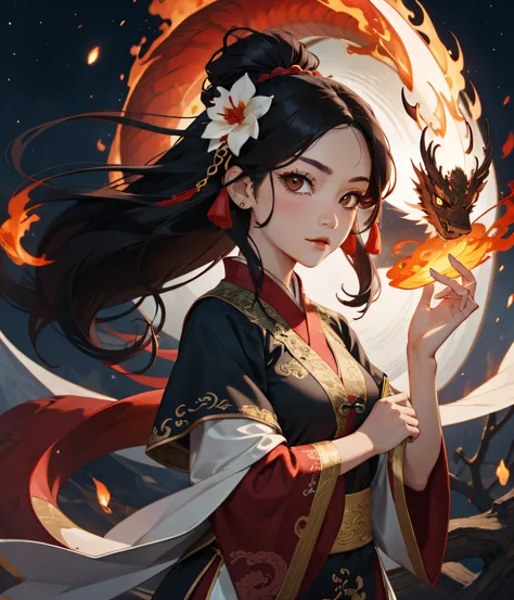 1girl, liuyun, fire ball, long hair, floating hair, hair flower, eastern dragon, red and white, upper body, looking at viewer,