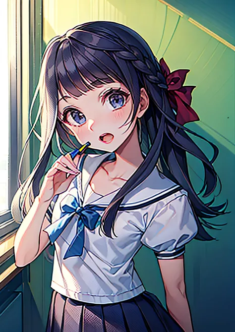 A girl in a school uniform holds a pencil and looks at the camera
