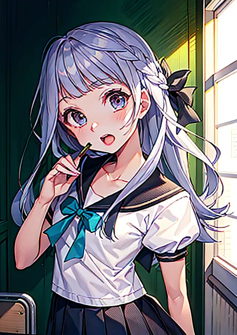 A girl in a school uniform holds a pencil and looks at the camera