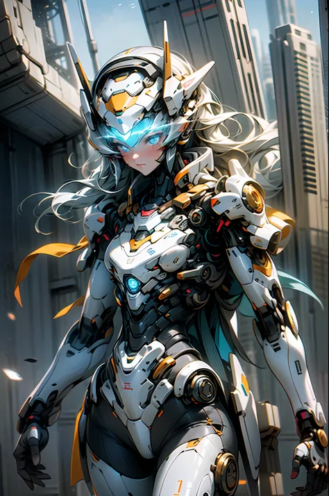 in a world where futuristic technology and fantasy are intertwined, a mecha girl proudly appears. she is dressed in high-tech fu...