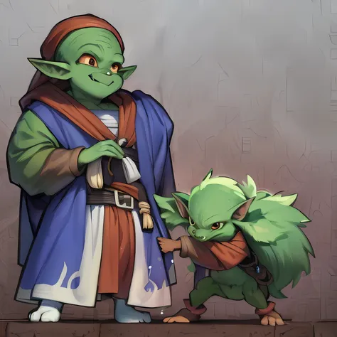 there is a cartoon of a man and a green creature, d&d goblin rogue, goblin art, medium portrait of a goblin, goblin, gnome druid...