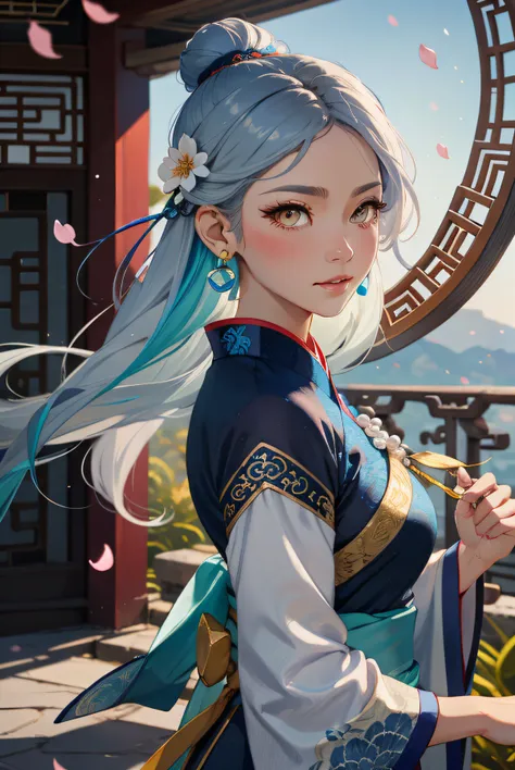 mature girl , dark orange eyes, blue and white hair color, floating hair, delicate and smart eyes, intricate damask hanfu, gorge...