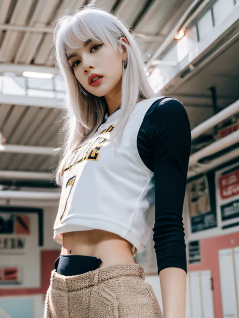 masterpiece, superlative, realistic, jennie wearing trendy football uniform, white hair, vest, hd, photography lighting, 16k