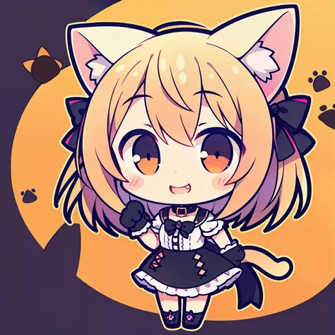 Girl, cute smile, cat ears, tail, medium hair, white short-sleeved shirt with collar, black dress, cat paw design gloves, pumps, chibi