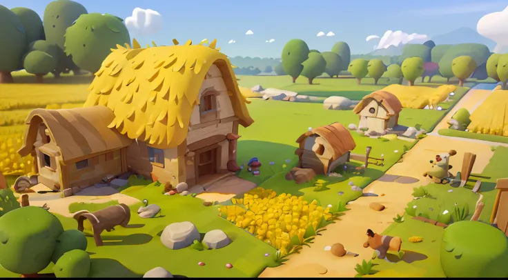 game architecture design, farm, cartoon, a large wheat field, farm, stone, grass, vegetable, wheat, trees, animals, casual play ...