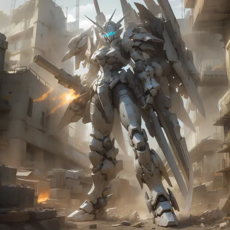 masterpiece, best quality, mecha, no humans, (full body), (black armor mecha:1.5), (Axisymmetric:1.4),(HDR), (cinematic light:1.1), blue eyes, science fiction, fire, laser canon beam, war, conflict, destroyed city background holding weapon,(holding huge we...