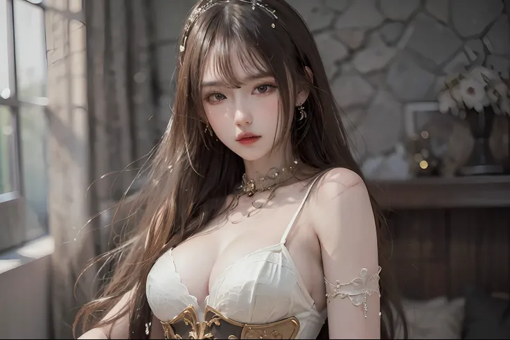 (Best Quality, Masterpiece: 1.3, Ultra High Resolution), (Realistic Details + Realism: 1.4), Anatomy, RAW, Original Photo, 1girl, Looking at the Viewer, Delicate and Intricate Lace Corset, Sexy Body, Shy Expression, FilmG, Best Shadow, Complex, Depth of Fi...