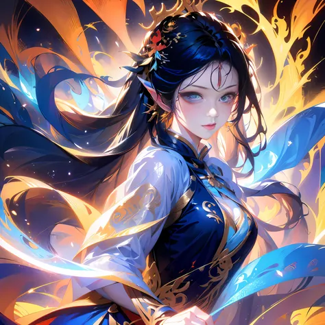 :A fairy oriental fairy with long hair
flying, holding a Chinese sword, (macro sword) iscasting magic, the ultimate flow of colorful
miasma around the sword body, evtreme flowx,snow hyper-realistic,-nji 5--ar 9:16#古风#