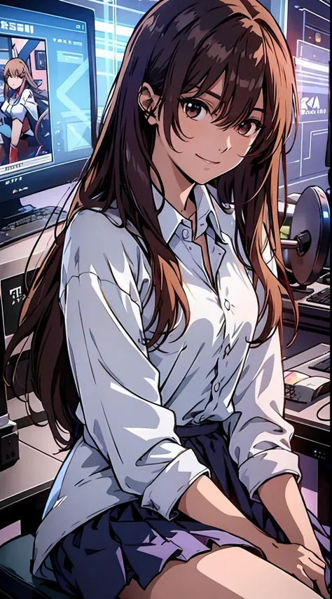 Top Quality:1.0), (Ultra High Definition:1.0), Anime Beautiful Girl, Long Hair, Brown Eyes, Sitting in Front Computer Playing Games, Esports Room Background, (ulzzang-6500-v1.1:0.8), (Photorealistic: 1.4), Cinema Light, Depth of Field,Beautiful Face, (Pure...