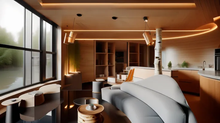 Interior design,insanely detailed wide angle architecture photography, cozy contemporary DINING room AREA OF 30 SQ. METRE,(bright warm sunlight 1:0.1), award-winning contemporary interior design, scenery, ((( In the dining room, a large BIRCH-WOOD table ...