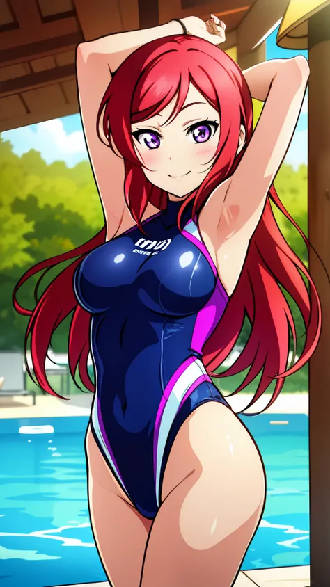 Best image quality, 8K image quality, Best image quality, Photographic picture quality, 1 girl, Solo, Unrealistically colossal breasts, smile, embarrassed, blush, slightly slender body, metallic sleeveless navy blue one-piece competition swimsuit, swimsuit...