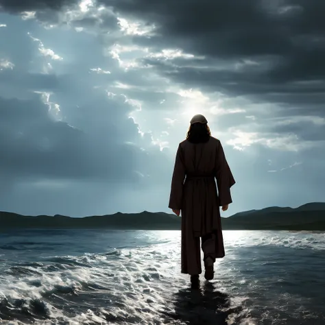 ultra realistic photo,cinematic scene,jesus walking on water in the middle of a storm, masterpiece, best quality, high quality, ...