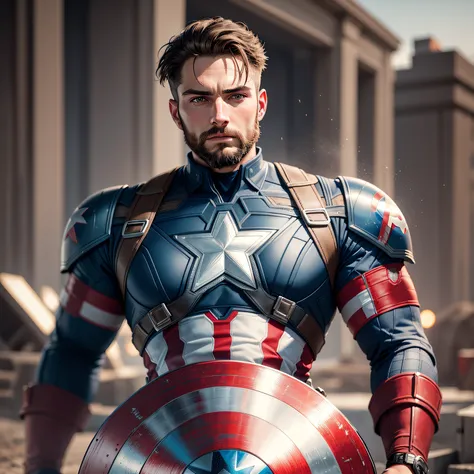 dynamic and action-packed illustration of Captain America posing in the middle of a fierce battle. Show Captain America in a heroic and powerful stance, exuding strength and determination. Depict him in his iconic red, white, and blue costume, with the star-spangled shield held high in one hand. Surround him with chaos and destruction, showcasing the intensity of the battle with explosions, debris, and enemy forces. Use dynamic posing and dynamic lighting to enhance the sense of motion and energy in the scene. Pay attention to details such as Captain America's expression, muscle definition, and the texture of his costume. Overall, create a visually striking and adrenaline-pumping portrayal of Captain America in the midst of battle.